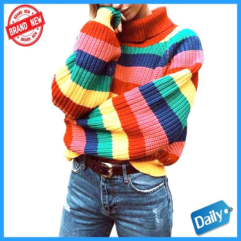 Women's Striped Turtleneck Sweater Long Sleeve Pullover Knit Top